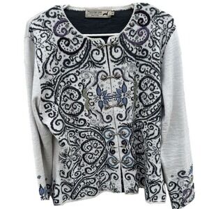 Peruvian Link Alpaca Blend Cardigan Sweater Paisley Print Silver Clasp‎ Large